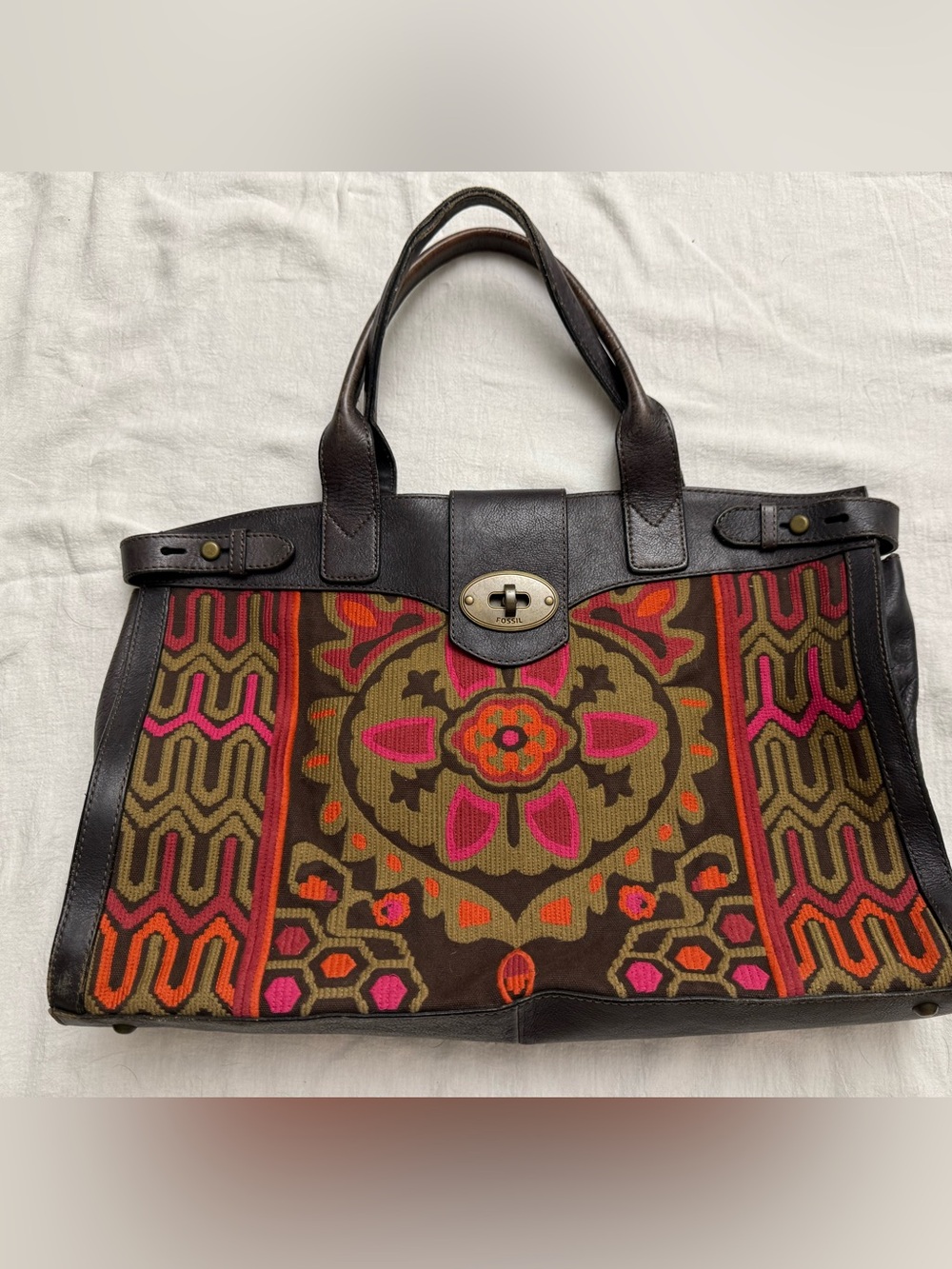 Fossil Multicolor Boho Embroidered Tote with Dark Brown Leather